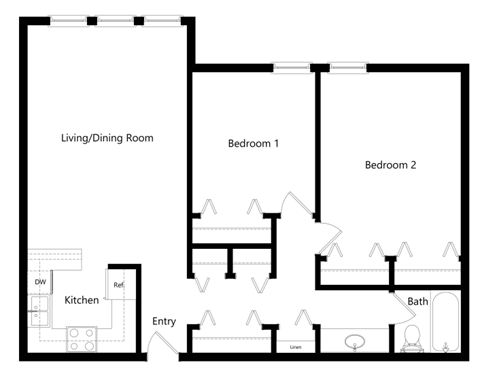 Floor plan for 2 beds, 1 bath, 1100 sqft